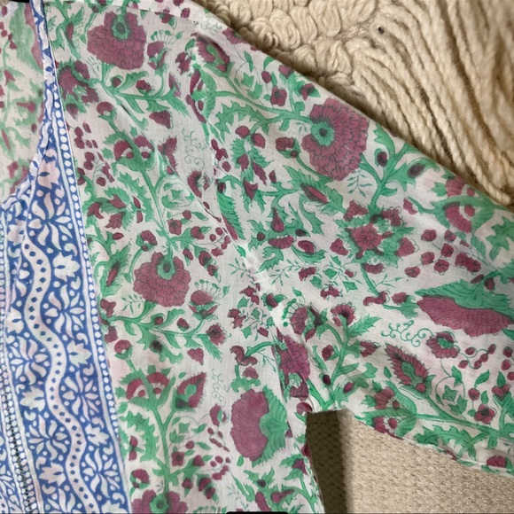 SZ BLOCKPRINTS green / pink floral 3/4 sleeves cotton tunic top M - Picture 5 of 10